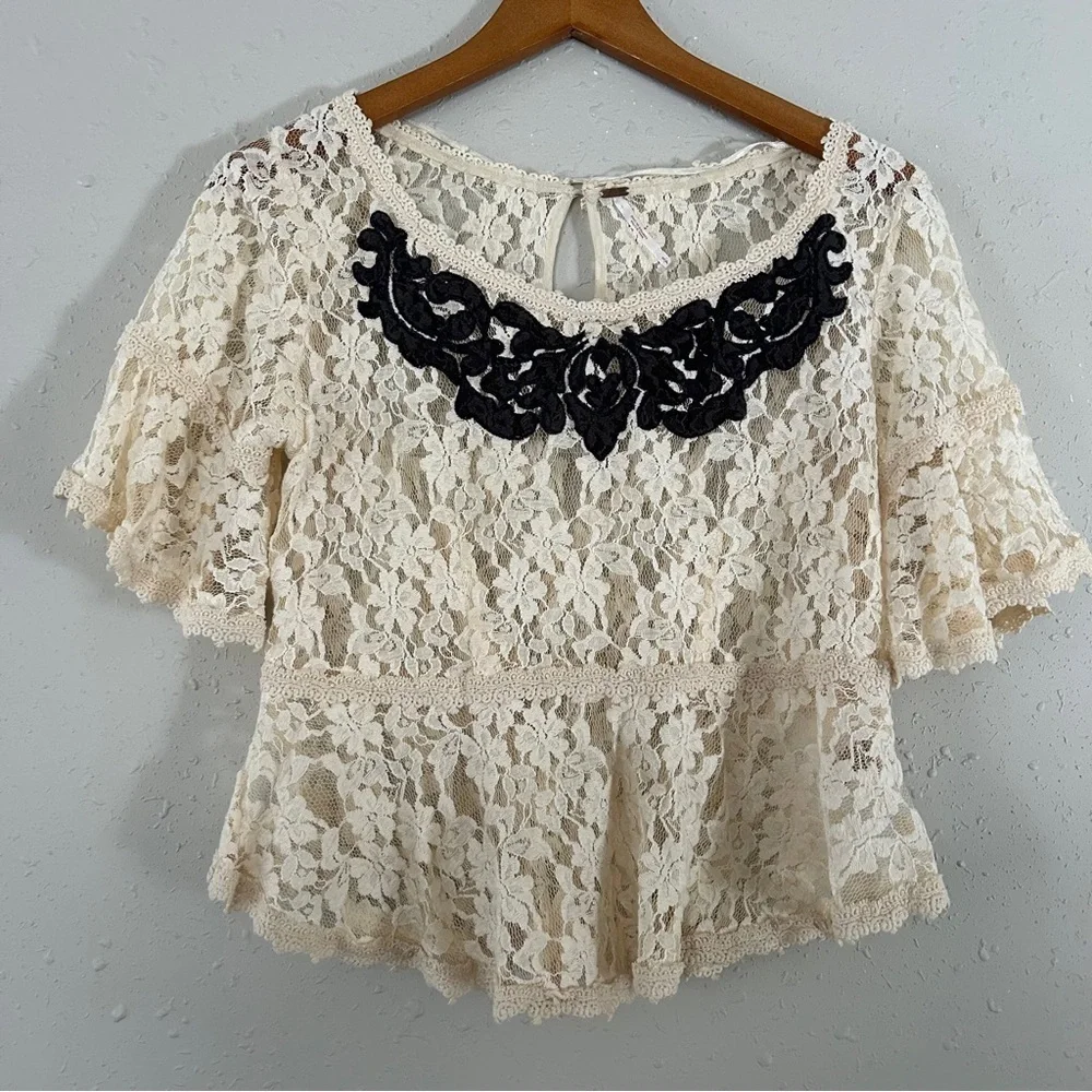 Free People Cream Lace Flutter Sleeve Blouse Black Embroidery Small